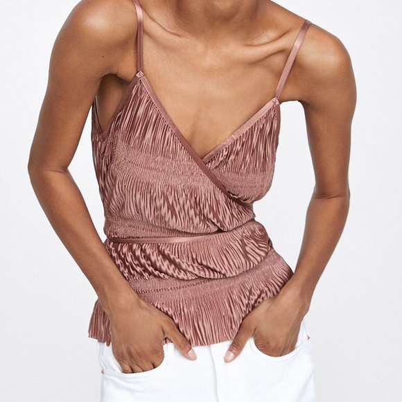 Zara Pleated Strappy Wrap & Tie Top Beige Pink - Picture 5 of 6